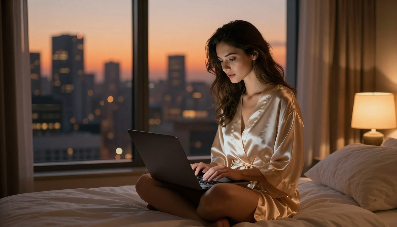 Woman in champagne satin robe on bed, city skyline glowing orange and purple through floor-to-ceiling windows at dusk Woman in champagne satin robe on bed, city skyline glowing orange and purple through floor-to-ceiling windows at dusk