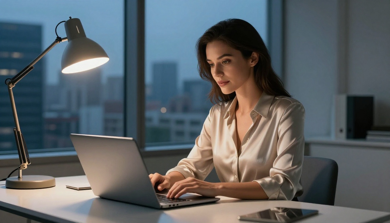 Professional woman at minimalist desk with cinematic dual-tone lighting