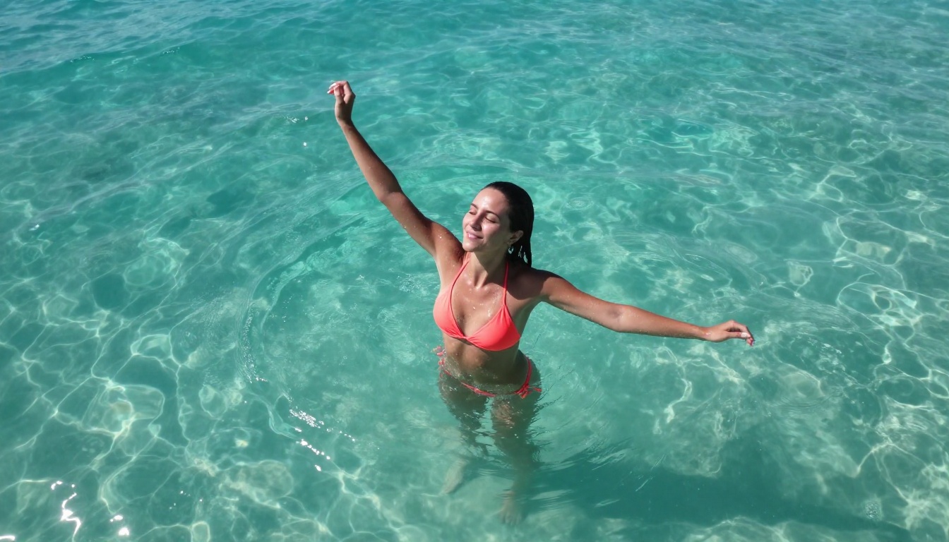 Woman in vibrant bikini in tropical ocean photographed from aerial perspective