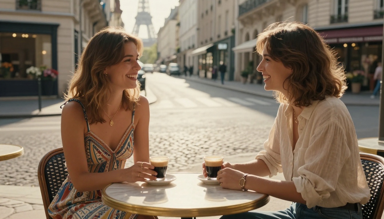 Two women at Parisian terrace cafe in warm afternoon golden light