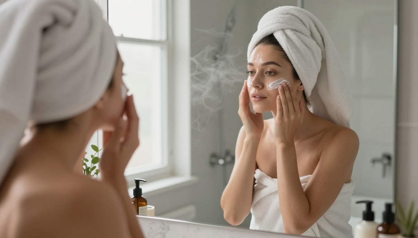 Woman at bathroom vanity with soft morning light through frosted window