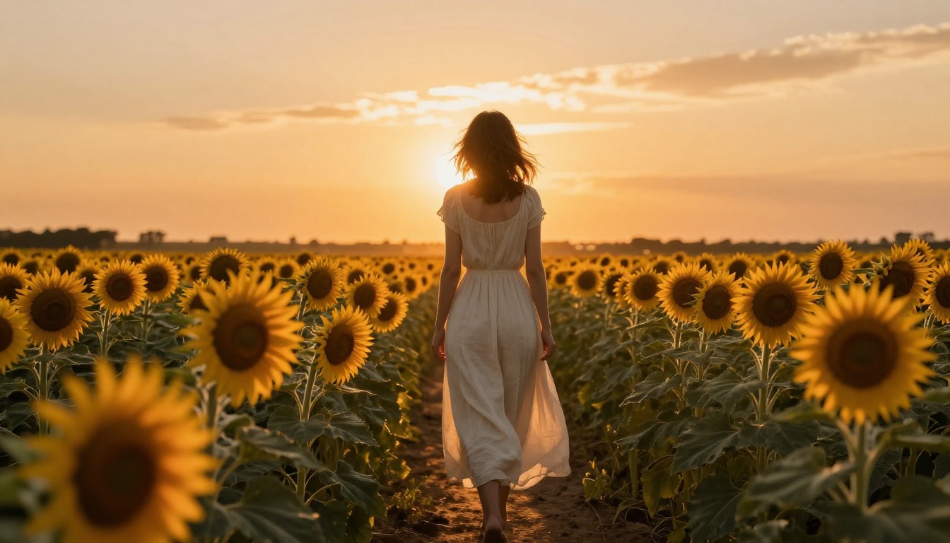Woman in sunflower field at golden hour with dramatic backlit sunset
