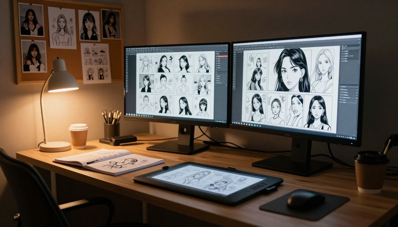 AI comic creation workspace with dual monitors
