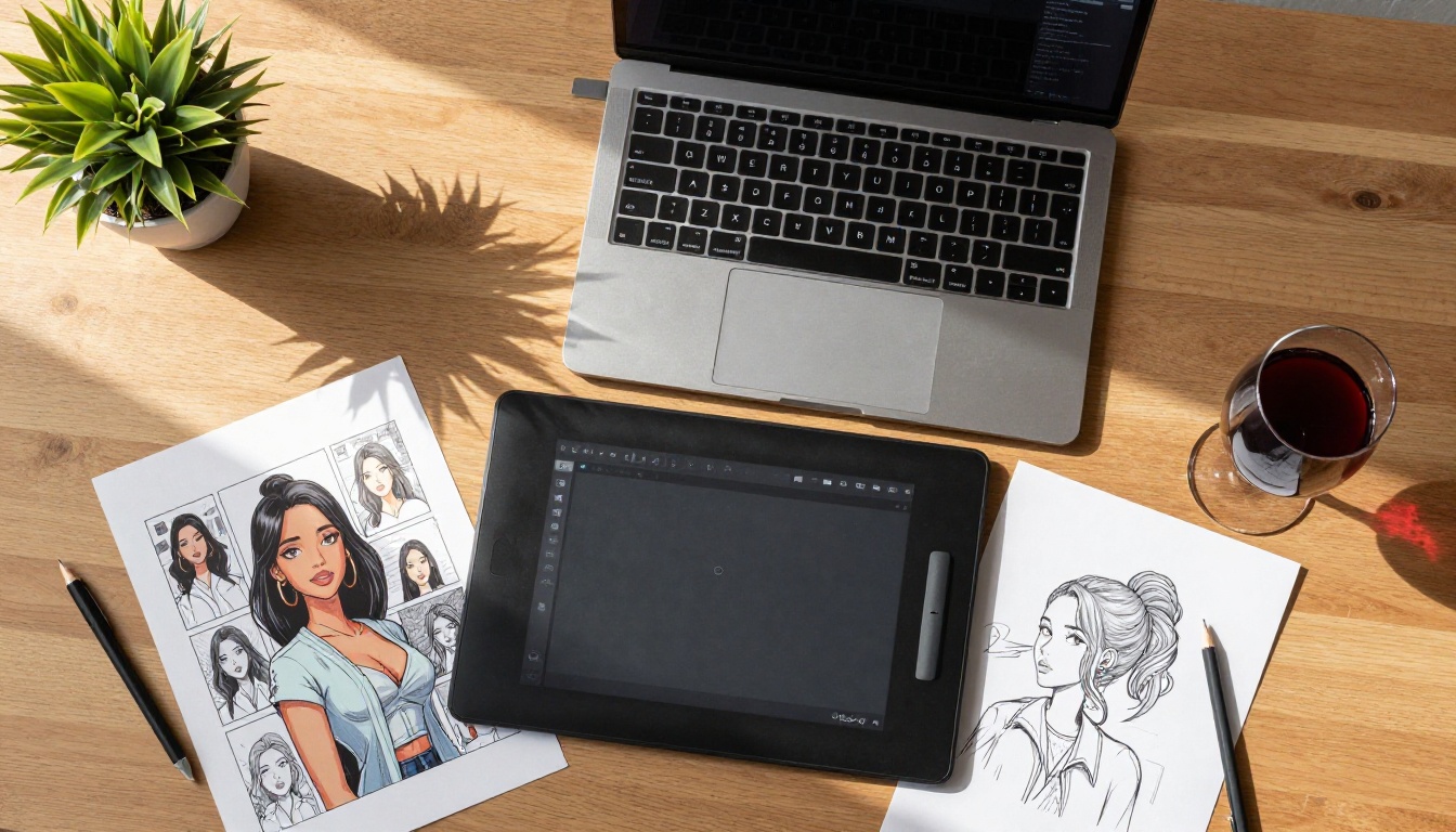 Designer workspace flat-lay with comic pages
