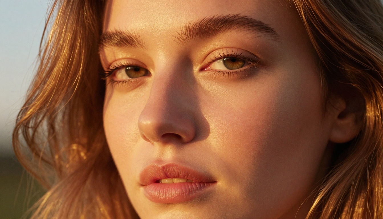 Close-up beauty portrait, golden sunset backlight, 100mm macro lens, natural skin texture, Fujifilm Pro 400H photorealistic Close-up beauty portrait, golden sunset backlight, 100mm macro lens, natural skin texture, Fujifilm Pro 400H photorealistic