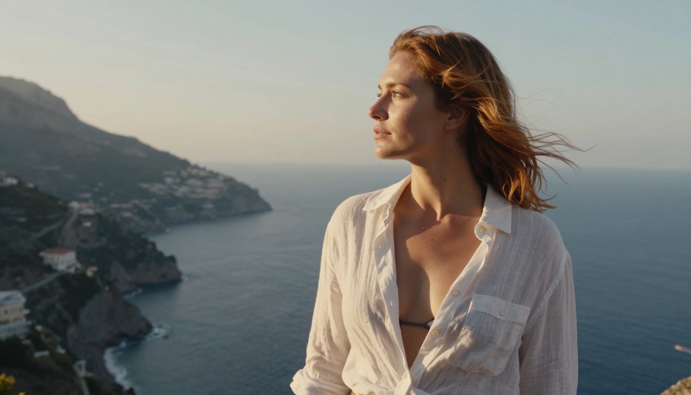 Woman with auburn hair on Amalfi coast cliff at sunrise, white linen shirt over bikini, photorealistic RAW photography Woman with auburn hair on Amalfi coast cliff at sunrise, white linen shirt over bikini, photorealistic RAW photography