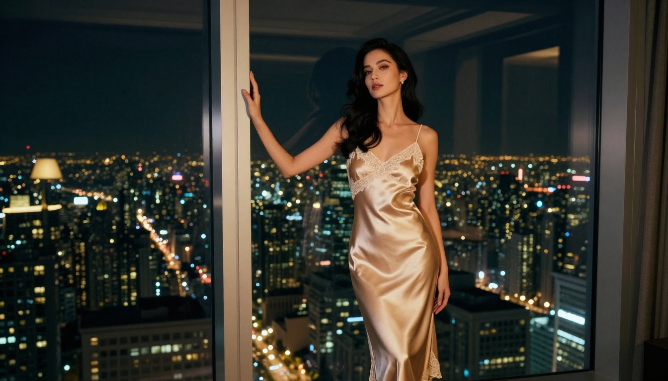 Elegant woman in silk dress in luxury penthouse overlooking city at night