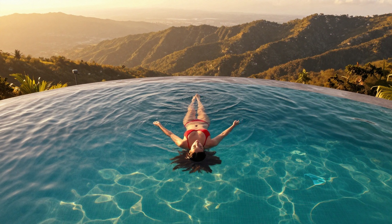 Aerial view of beautiful woman in red bikini floating in infinity pool at sunset