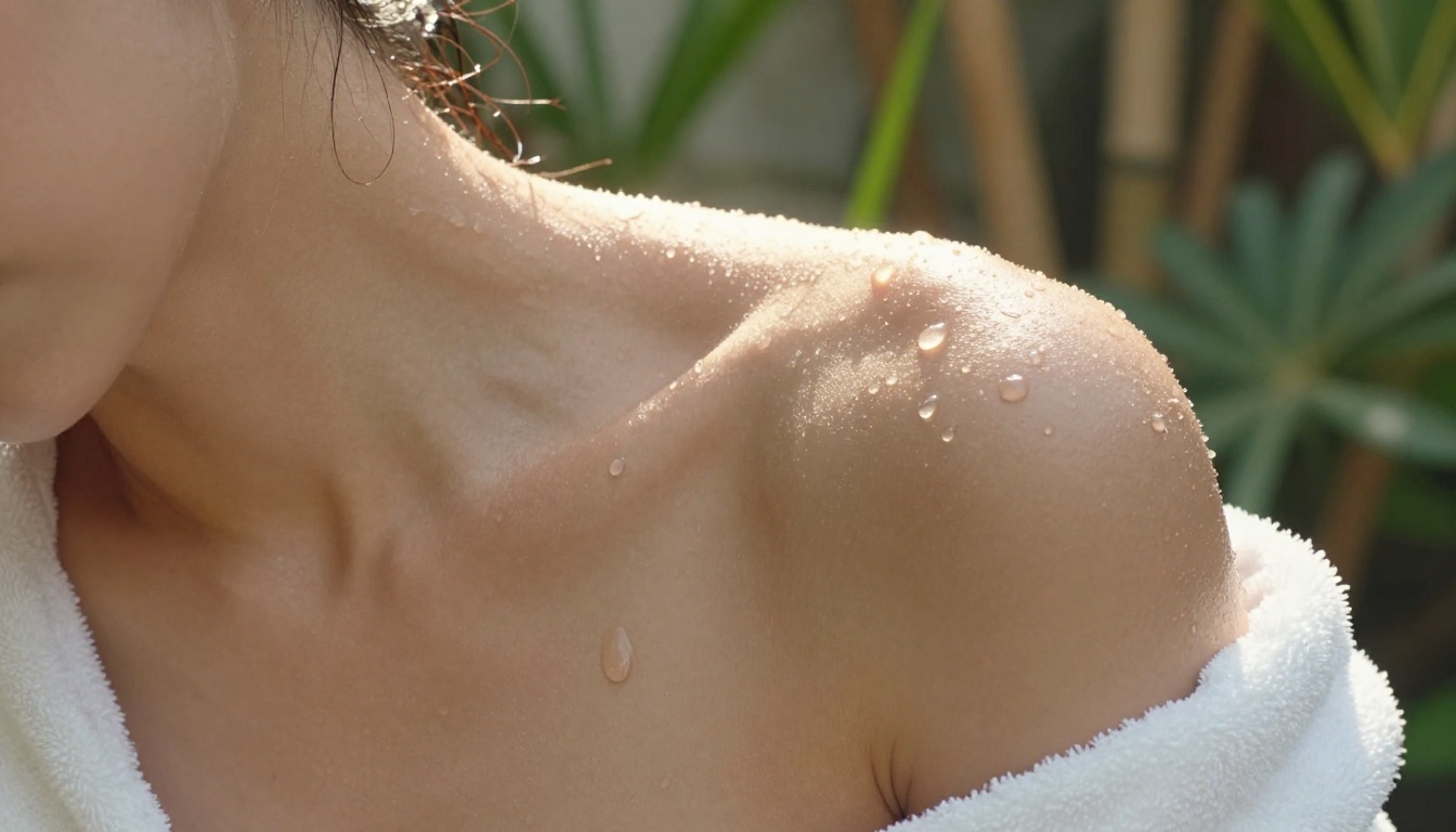 Intimate close-up of woman's bare shoulder with water droplets in morning light