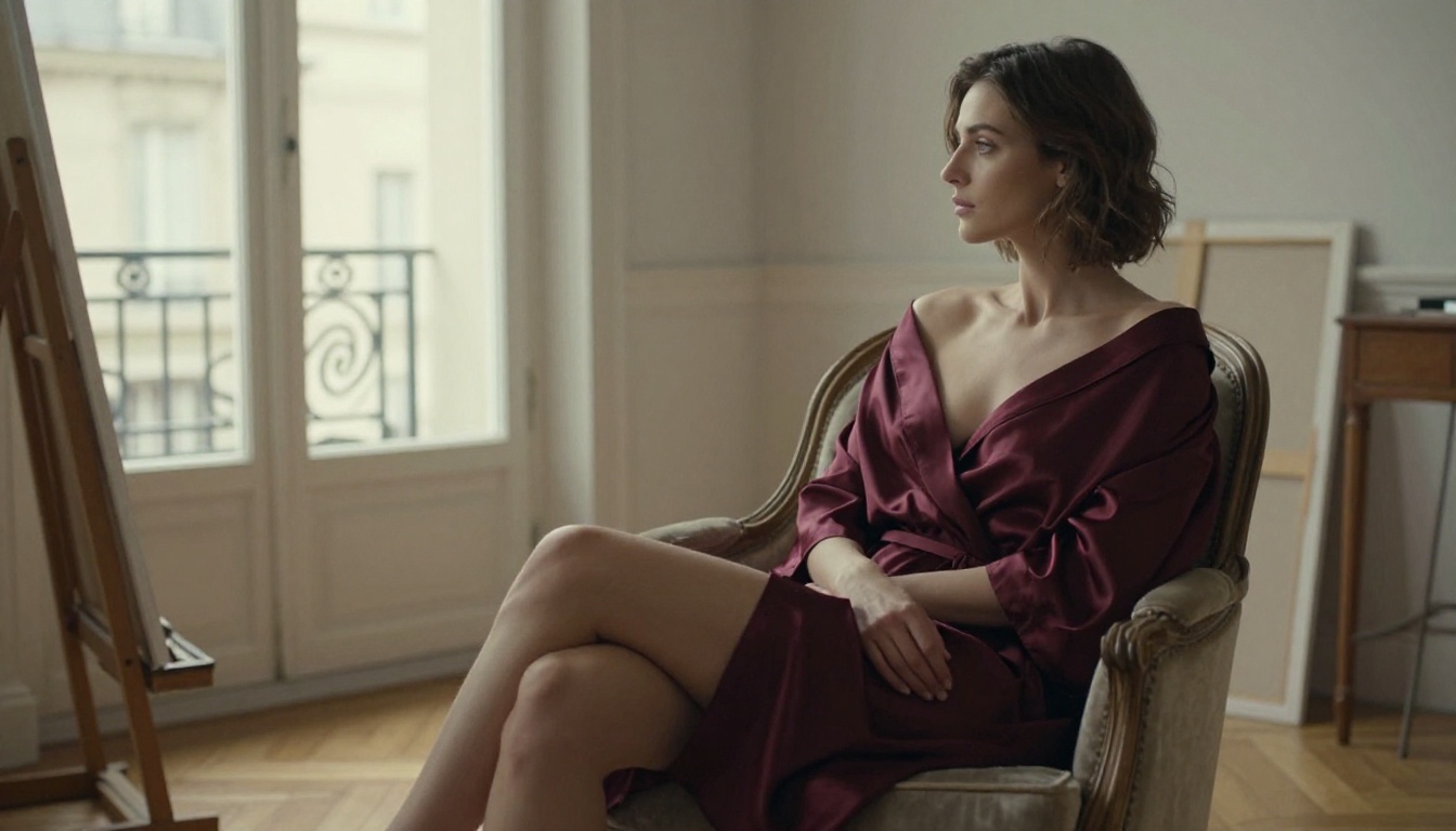 Beautiful woman in burgundy silk robe in Parisian studio, fine art portrait photography
