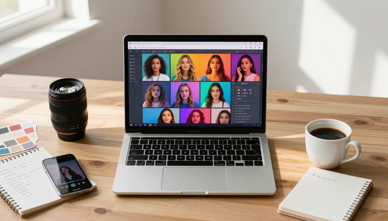 Creative workspace with laptop displaying AI-generated imagery surrounded by photography props
