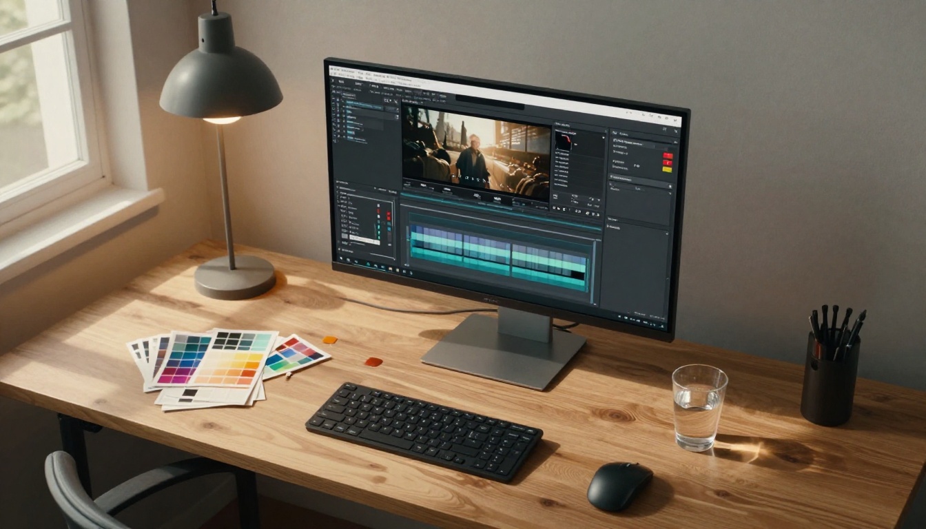 Modern studio workspace showing AI video editing timeline and comparison data on dual monitors