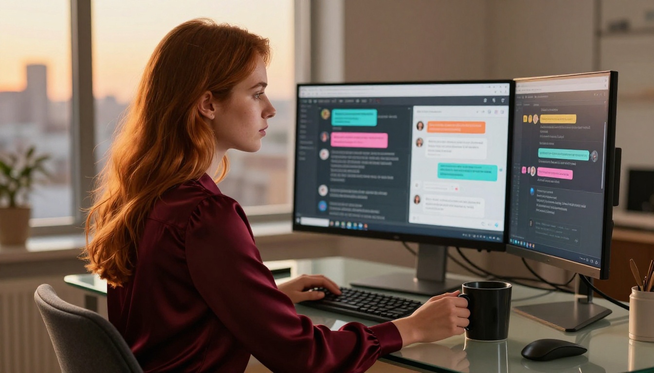 Woman working at dual monitor setup with AI chat interface