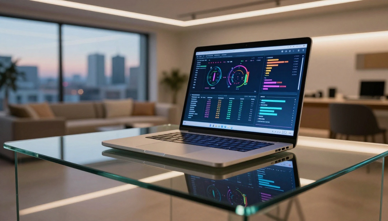 Low-angle shot of laptop displaying AI model comparison statistics on glass desk with city skyline at dusk