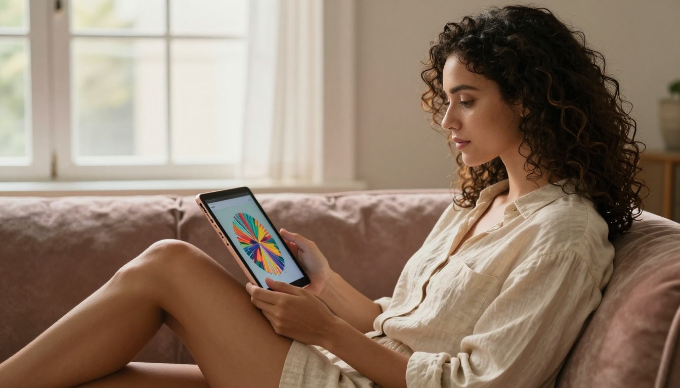 Woman with curly hair viewing AI-generated artwork on a rose-gold tablet