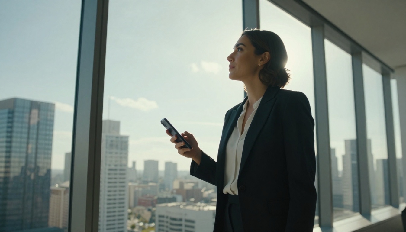 Confident woman at high-rise window holding smartphone with AI chat interface