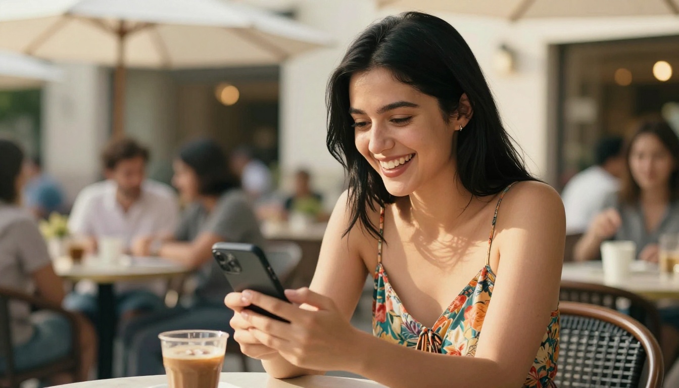 Young woman laughing at her phone at an outdoor sunny cafe
