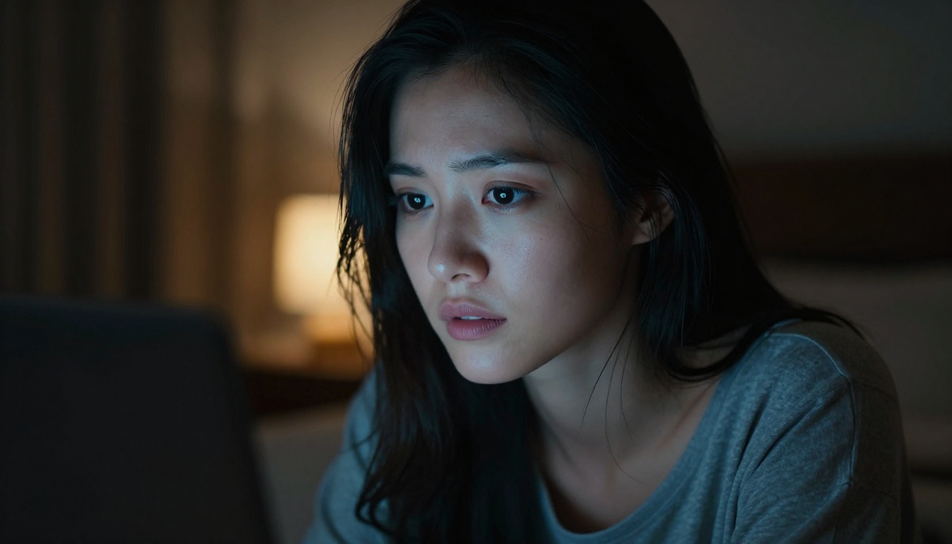 Woman's face dramatically illuminated by laptop screen glow in a dark bedroom
