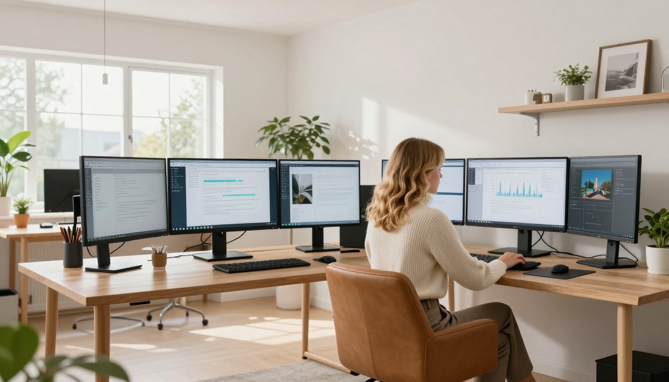 Blonde woman at Scandinavian home office surrounded by multiple AI model screens