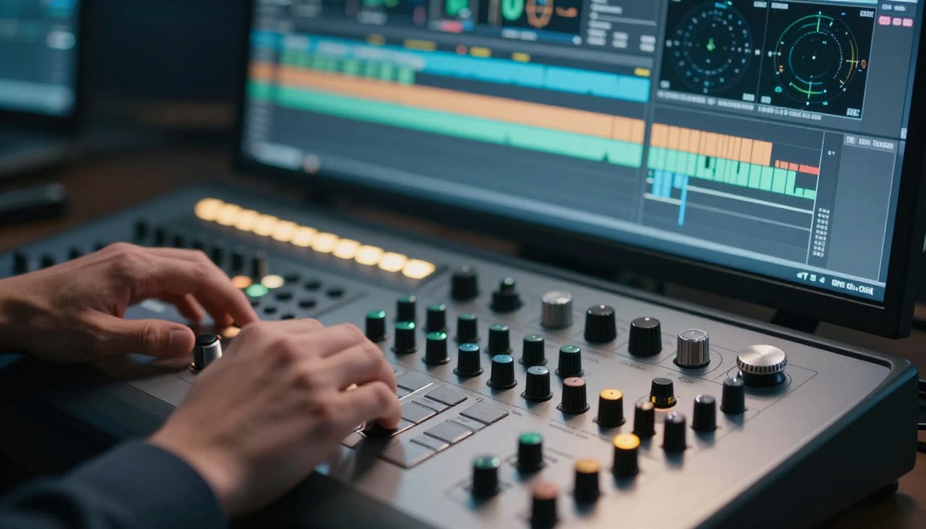 Professional color grading control surface with trackballs and curved monitor showing video editing timeline Professional color grading control surface with trackballs and curved monitor showing video editing timeline