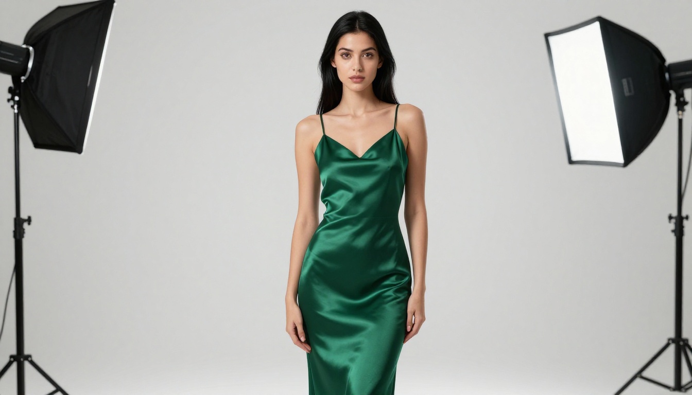 Woman in emerald satin slip dress posing in minimalist photography studio with professional softbox lighting Woman in emerald satin slip dress posing in minimalist photography studio with professional softbox lighting
