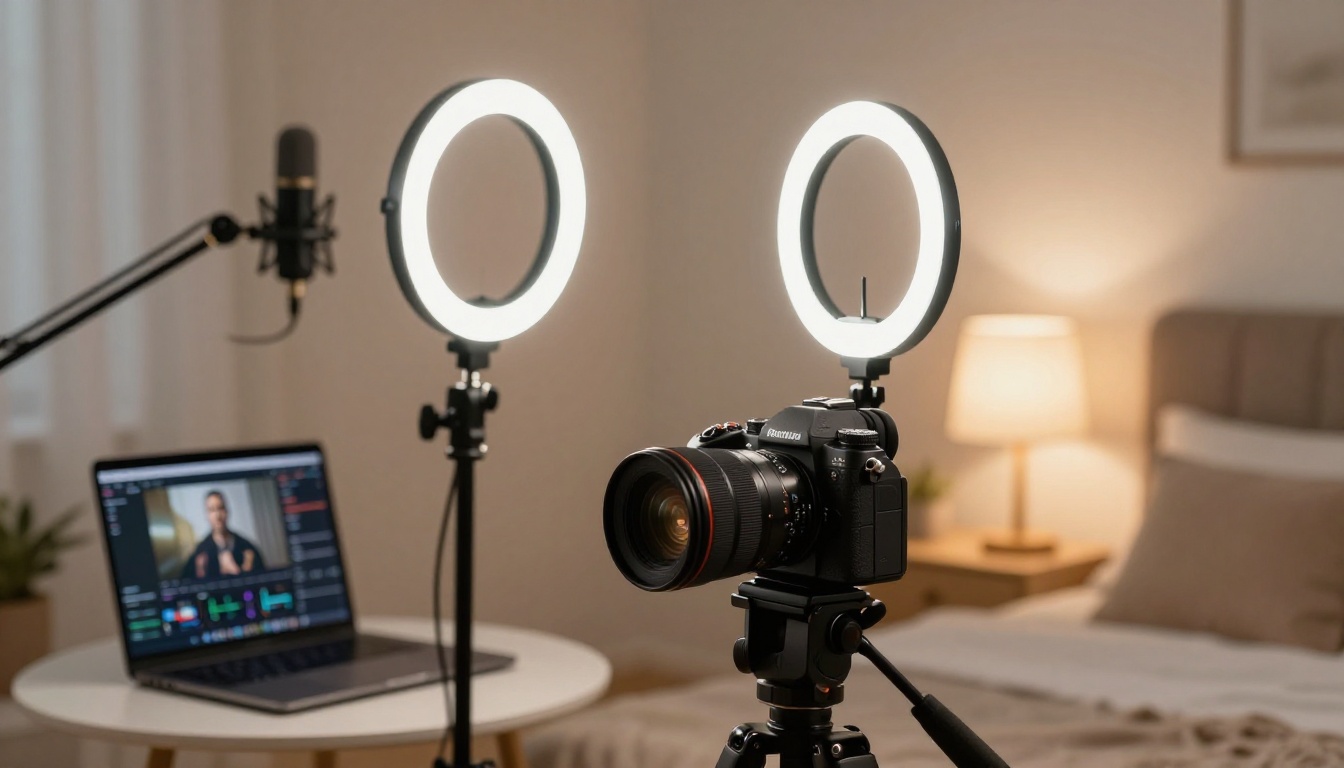 Sleek camera and ring light streaming setup in warm neutral-toned bedroom with AI generation interface on laptop Sleek camera and ring light streaming setup in warm neutral-toned bedroom with AI generation interface on laptop