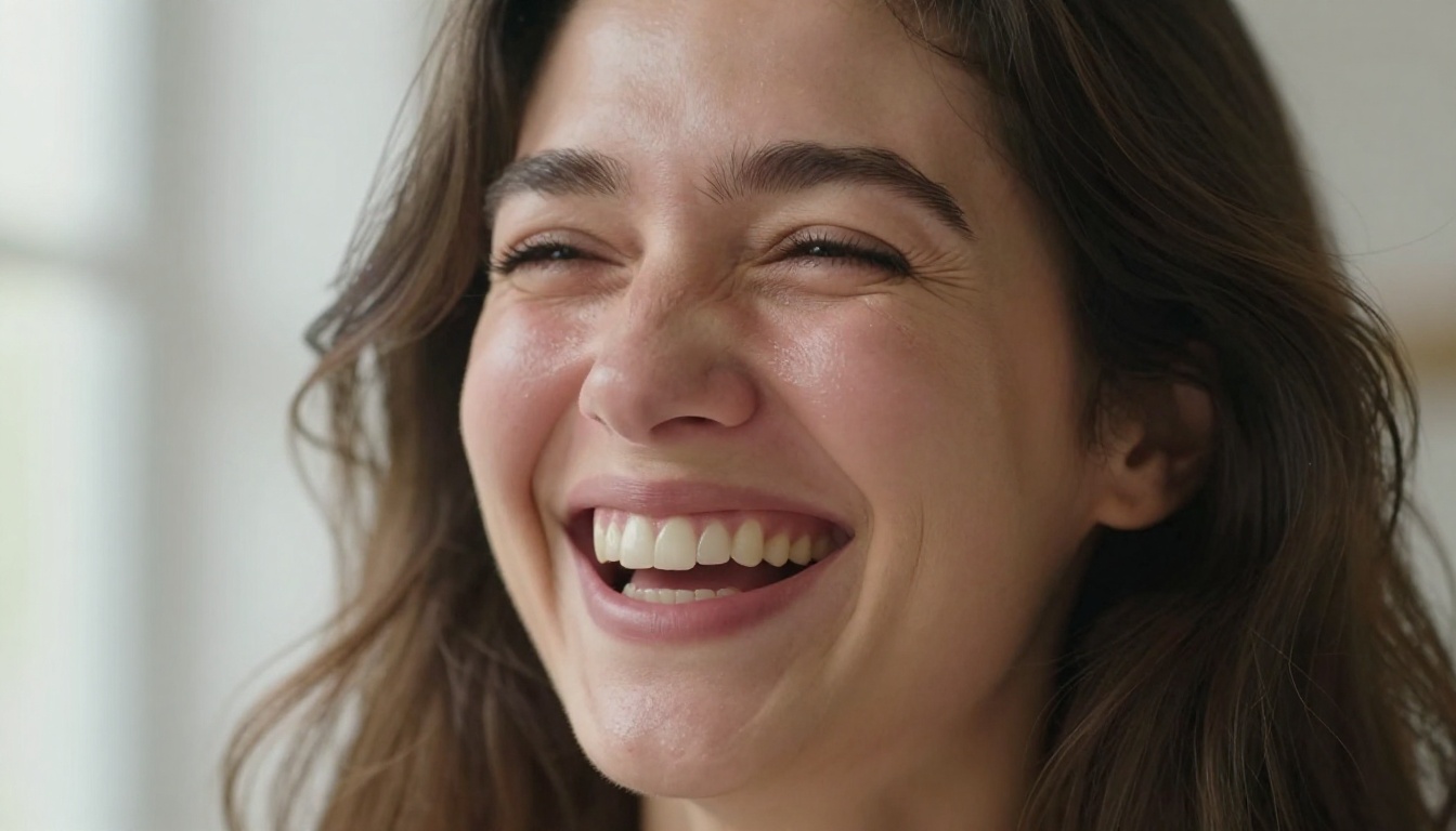 Portrait showing authentic laughing expression with natural skin flush