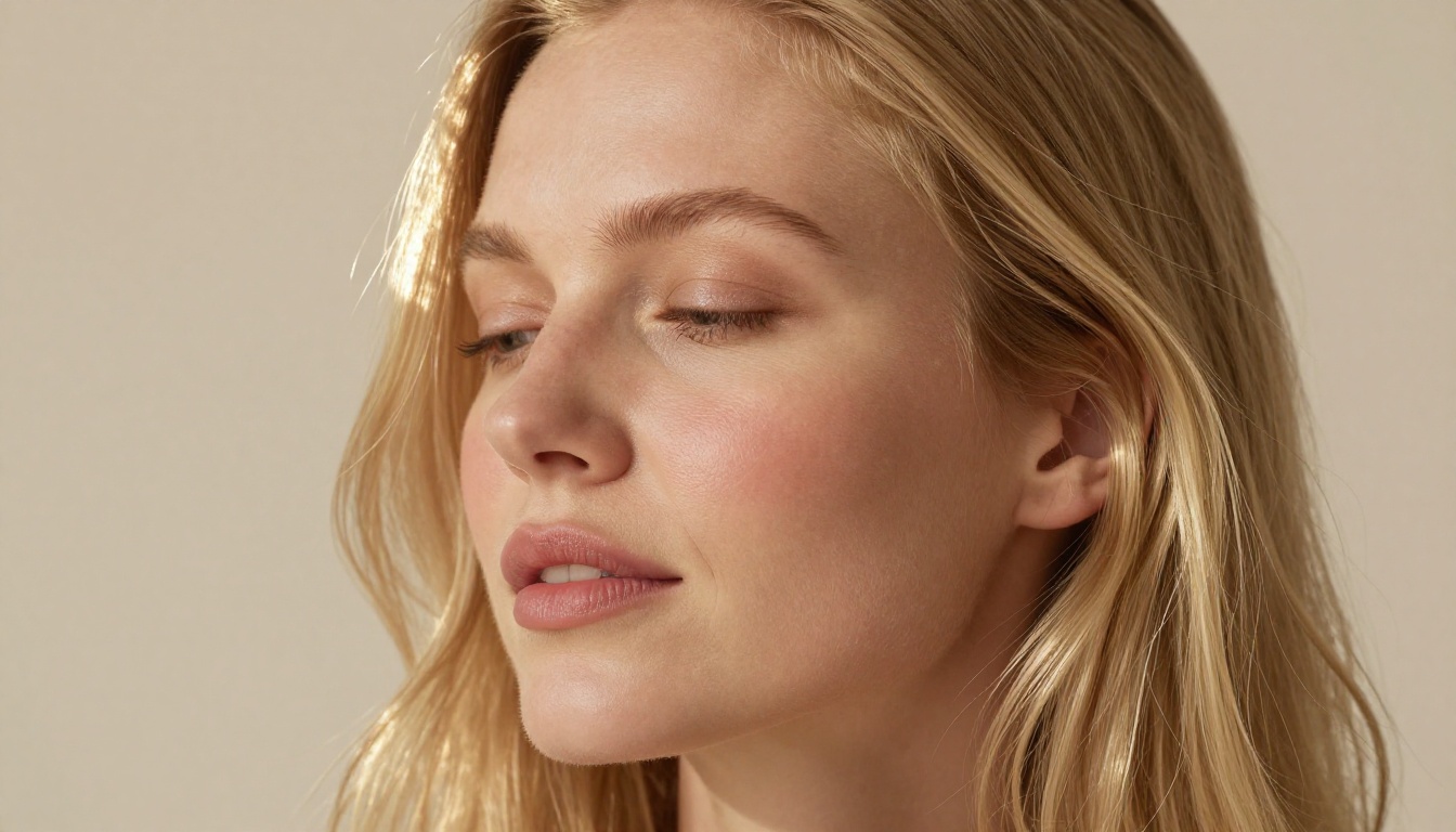Serene blonde portrait with natural backlighting and fine skin texture