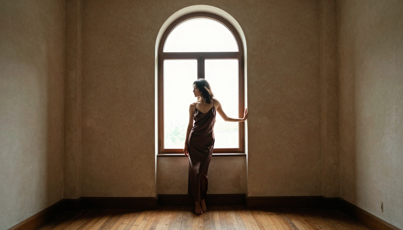 Window light side-profile portrait showing silk fabric and editorial quality Window light side-profile portrait showing silk fabric and editorial quality