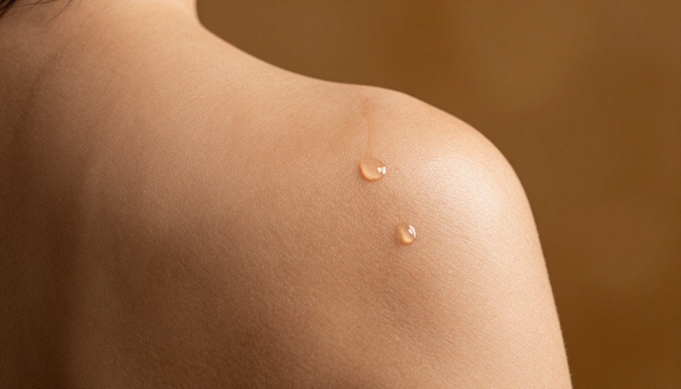 Macro shoulder detail showing photorealistic skin texture and water droplet Macro shoulder detail showing photorealistic skin texture and water droplet
