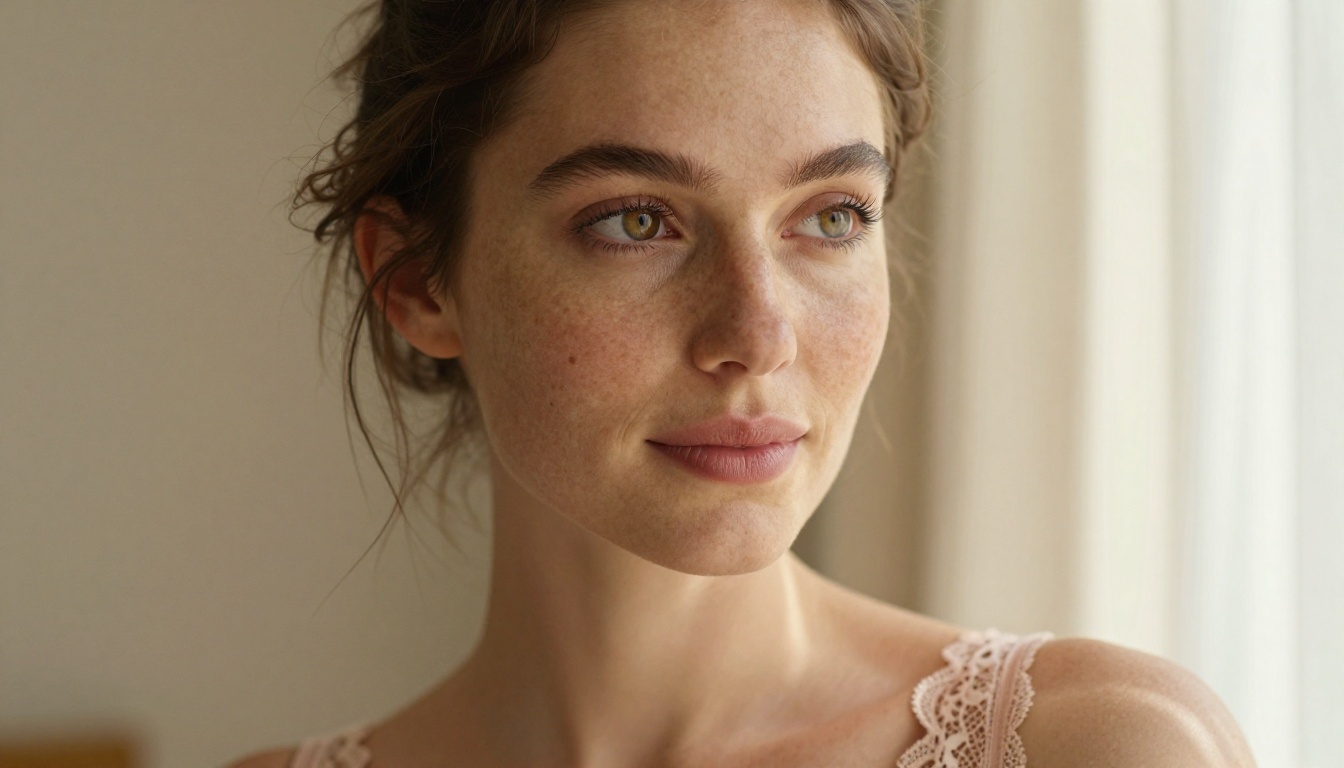 Close-up portrait of a woman in blush lace bralette with natural Rembrandt lighting, 85mm lens Close-up portrait of a woman in blush lace bralette with natural Rembrandt lighting, 85mm lens