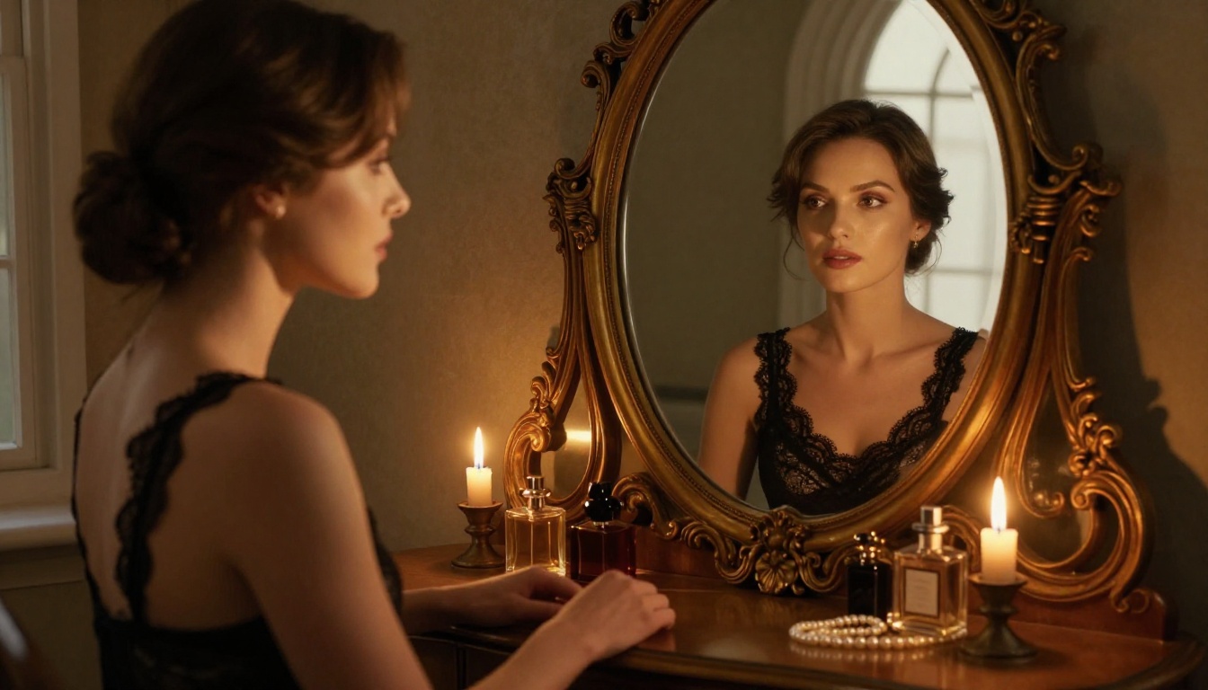 Woman at vintage vanity mirror in black lace teddy, split-lighting with candle and window Woman at vintage vanity mirror in black lace teddy, split-lighting with candle and window