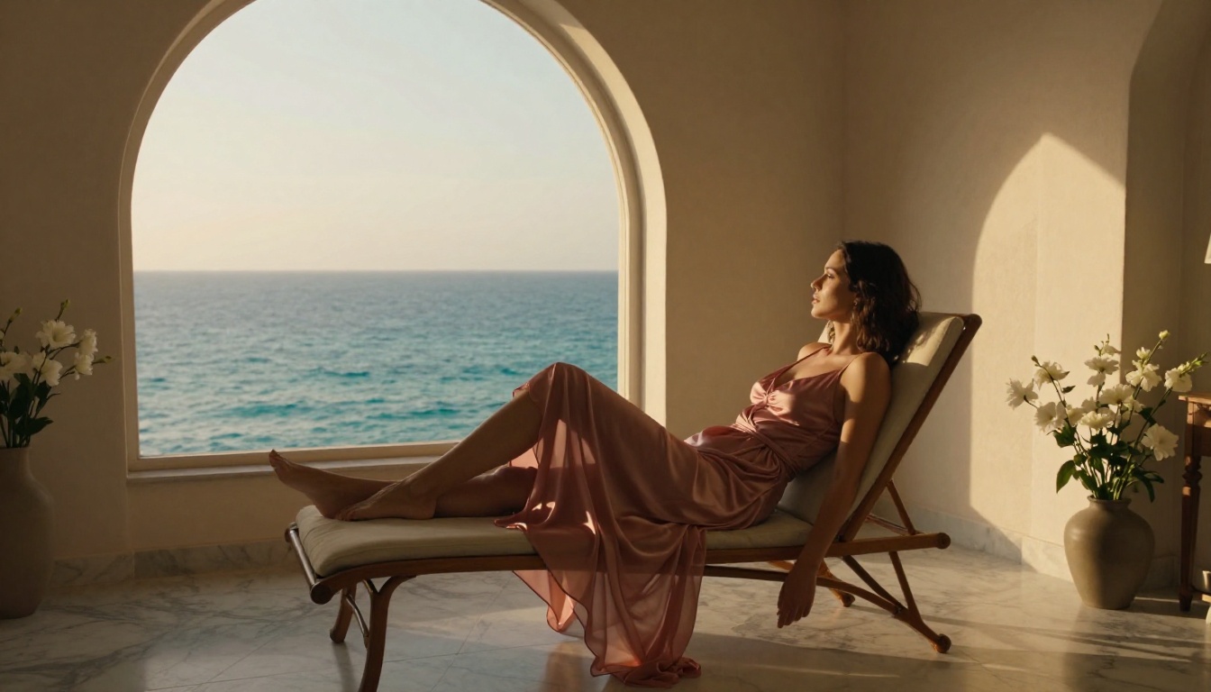 Woman reclining on chaise lounge in dusty rose silk negligee near ocean-view Mediterranean window