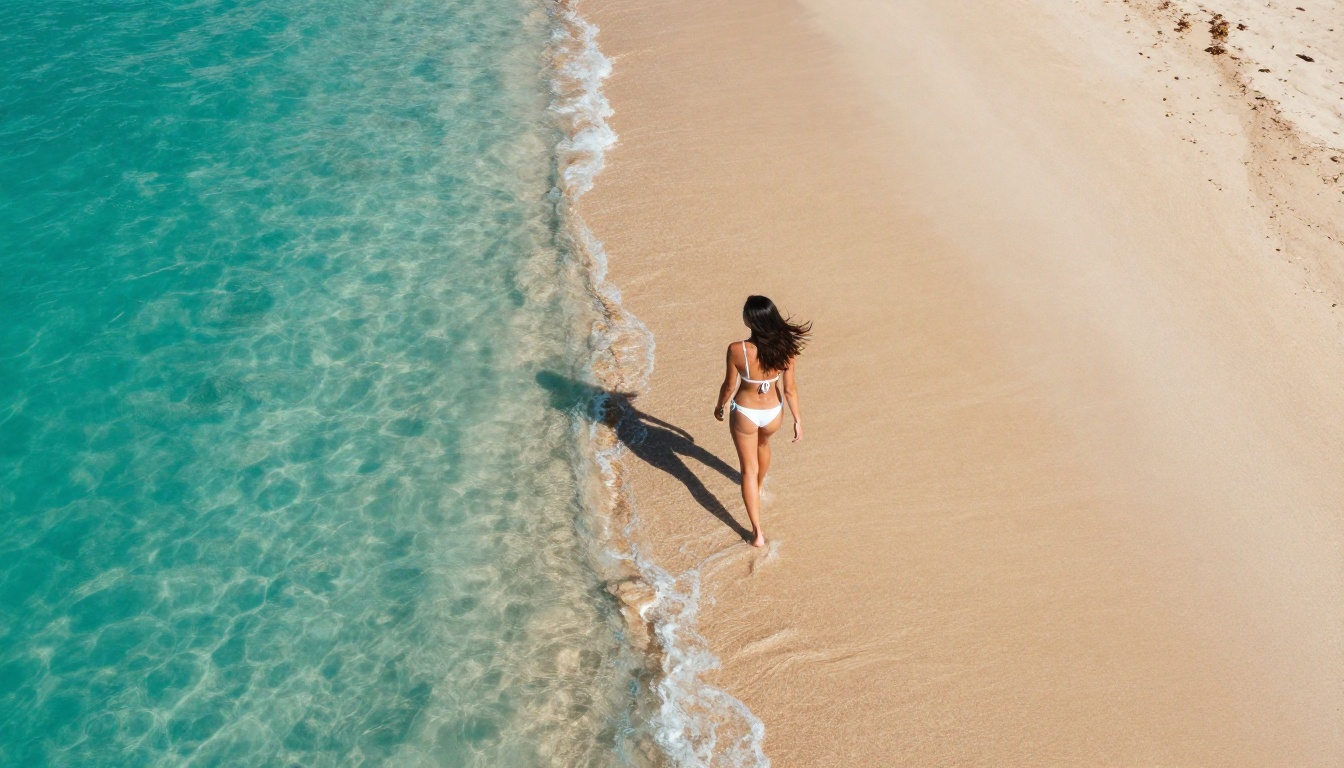 Aerial view of woman walking on tropical shoreline, photorealistic AI quality