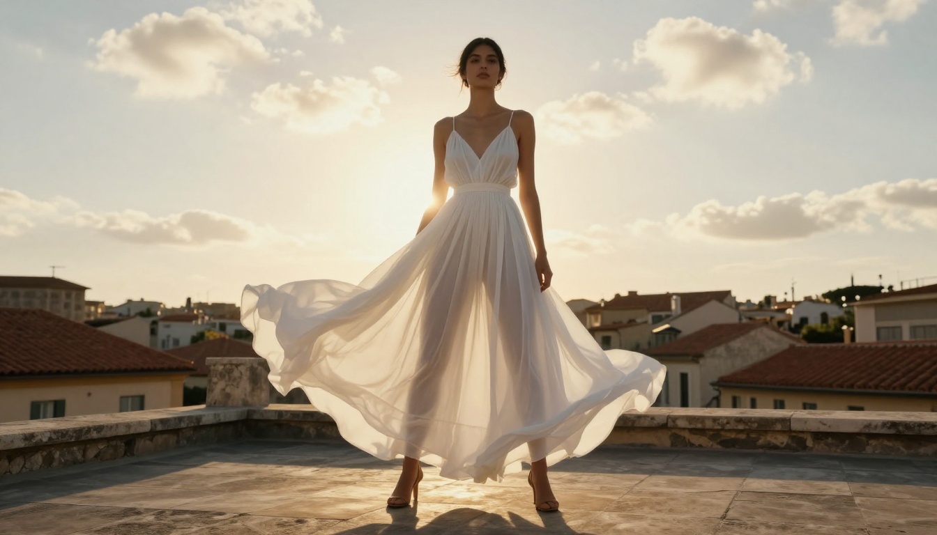 Fashion model in white dress on Mediterranean rooftop, low-angle AI cinematic shot