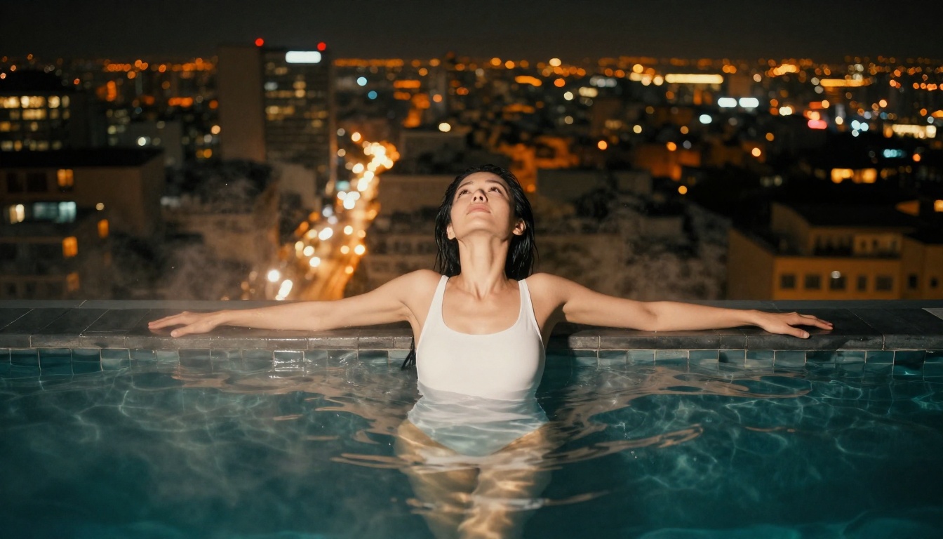 Woman in rooftop pool at night with city skyline behind her