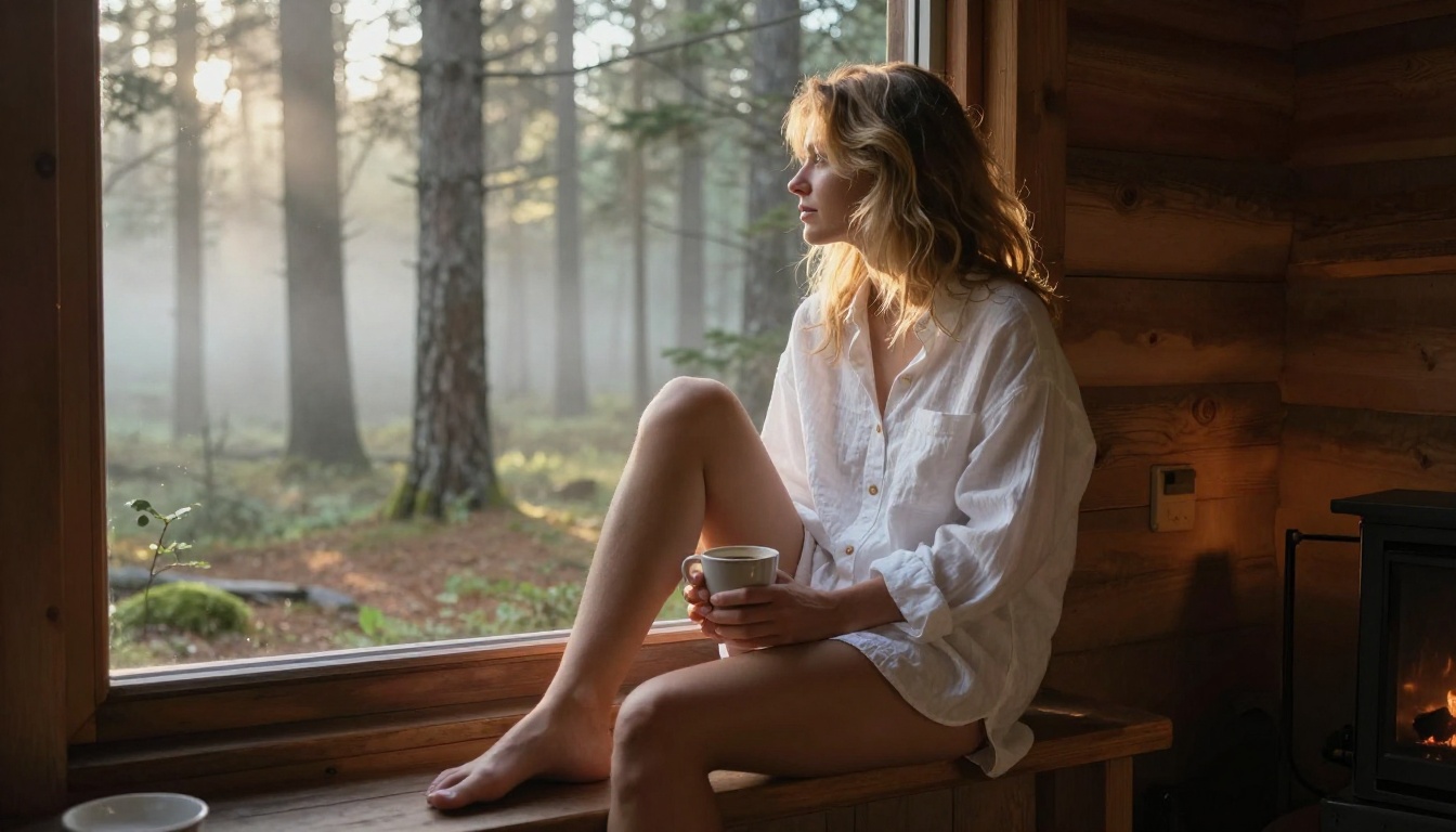 Woman in forest cabin windowsill at misty morning