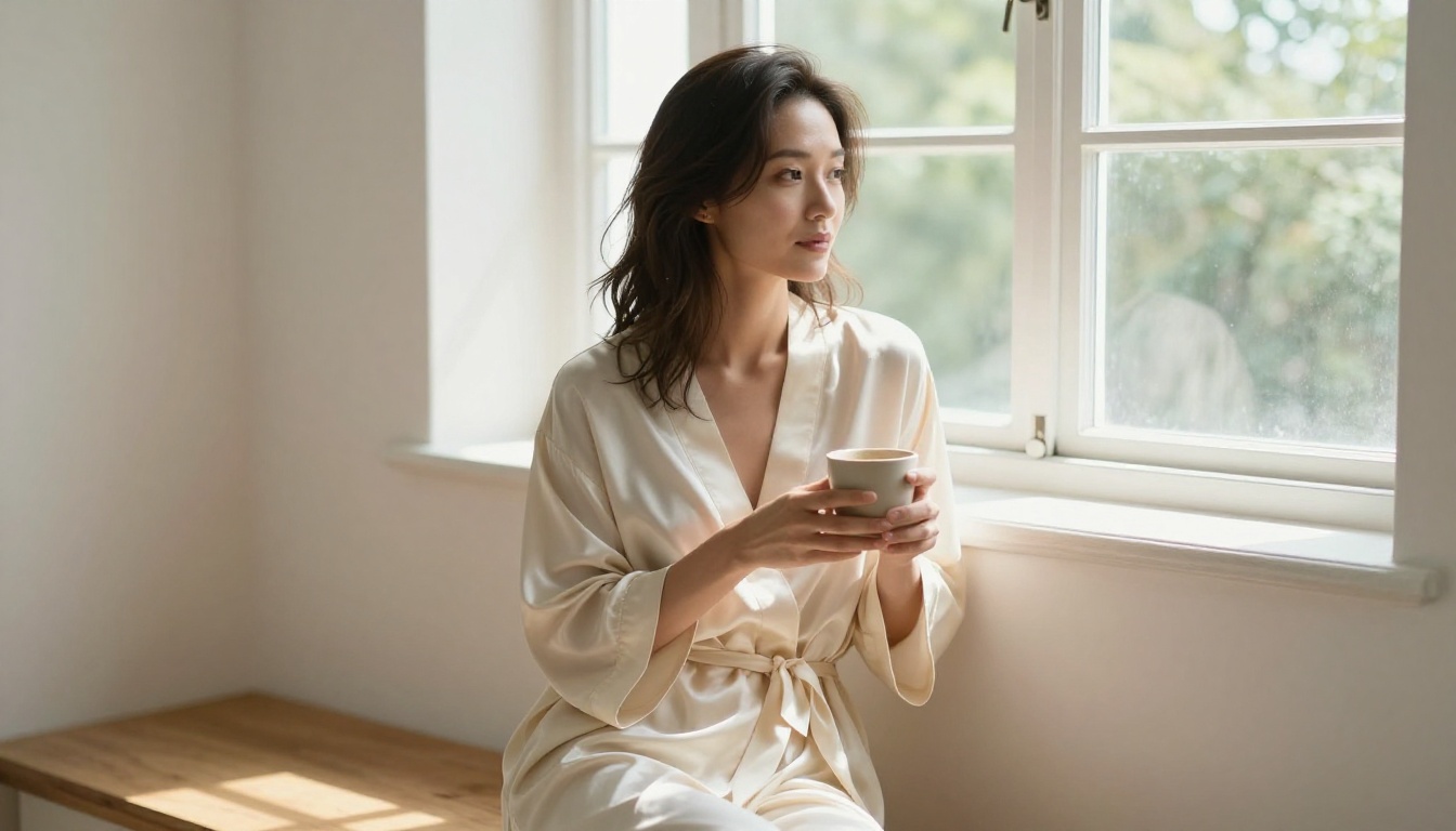 Indoor morning portrait with natural window light, photorealistic AI lifestyle image