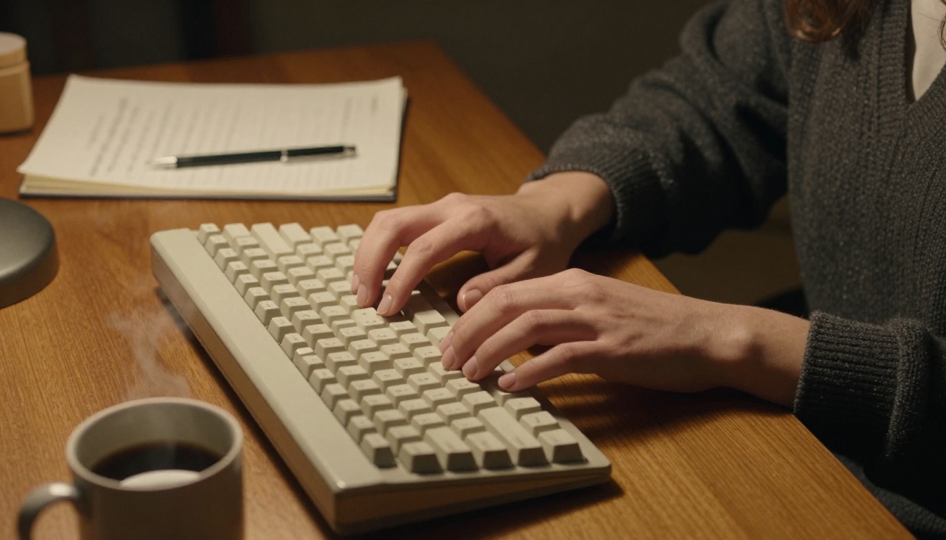 Close-up of woman's hands typing on vintage keyboard with coffee nearby