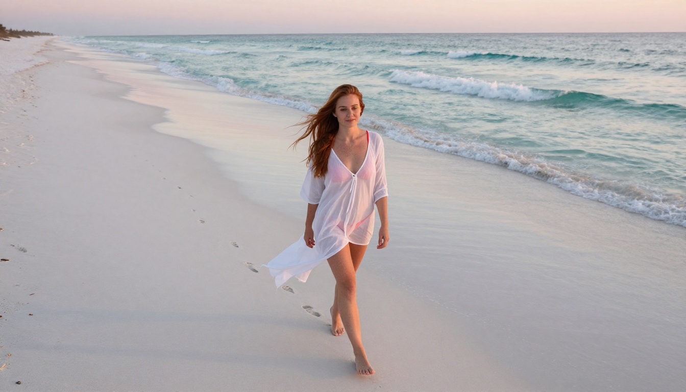 AI-generated woman walking along a beach at sunrise AI-generated woman walking along a beach at sunrise