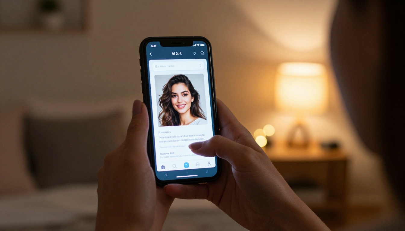 Woman holding phone showing AI art generation interface