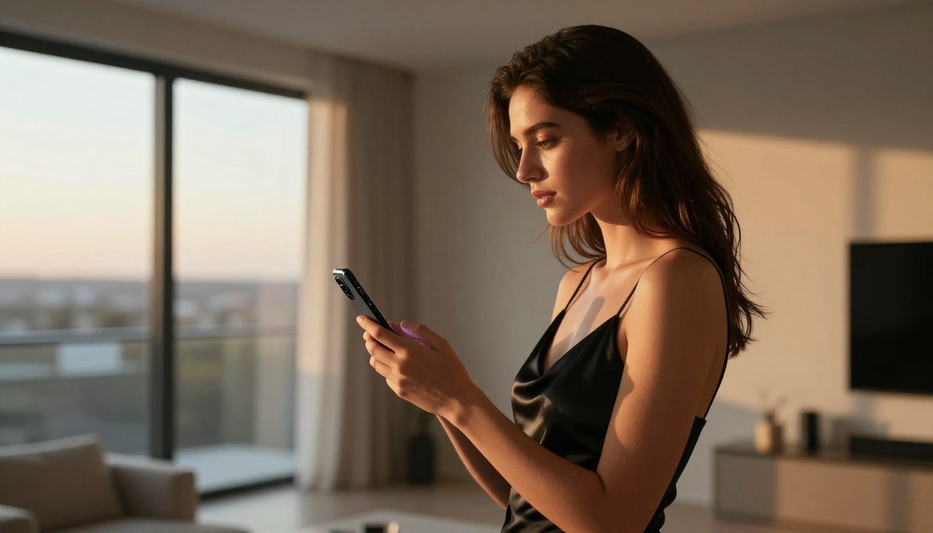 Side profile of woman reviewing AI art on smartphone at sunset