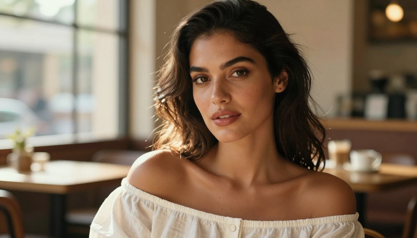 Close-up café portrait of woman with confident direct gaze