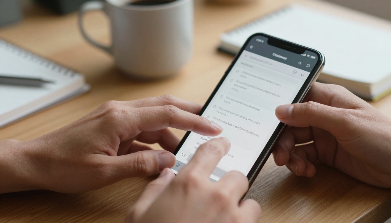 Close-up detail of hands typing an AI prompt on smartphone keyboard