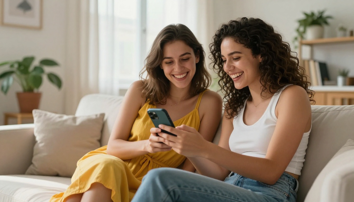 Two women laughing on white sofa looking at smartphone screen together