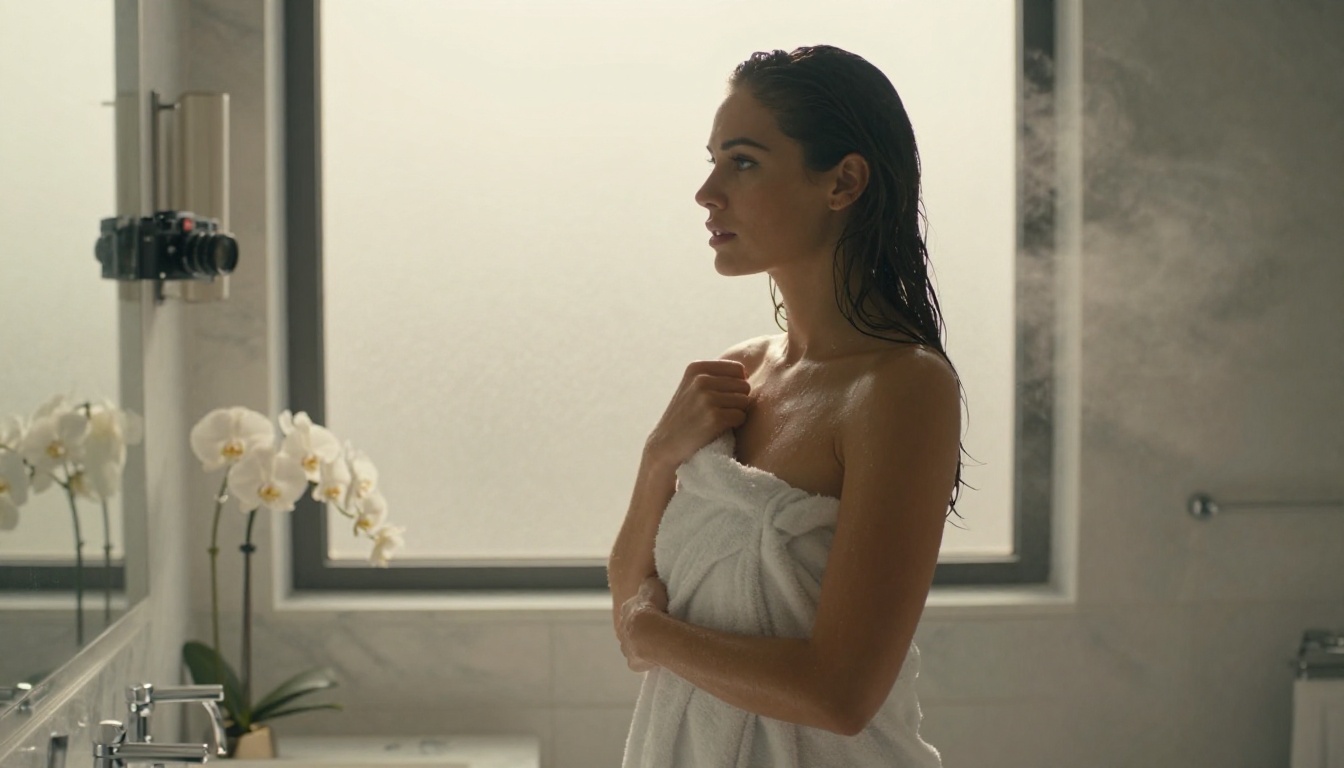 Woman in glamour editorial photo, warm backlight through frosted bathroom window Woman in glamour editorial photo, warm backlight through frosted bathroom window