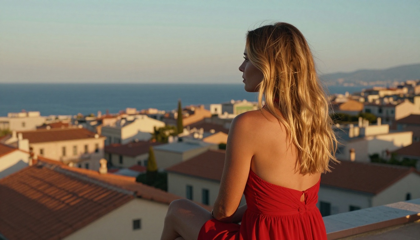 Woman in red sundress at golden hour on Mediterranean rooftop, side profile shot Woman in red sundress at golden hour on Mediterranean rooftop, side profile shot