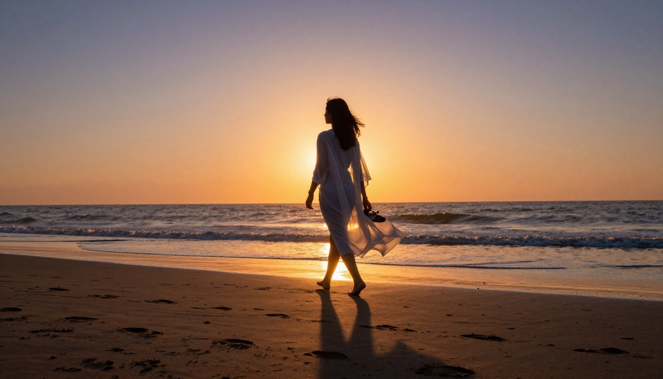 Woman walking along deserted beach at magic hour in sheer white cover-up, heading toward sunset horizon Woman walking along deserted beach at magic hour in sheer white cover-up, heading toward sunset horizon
