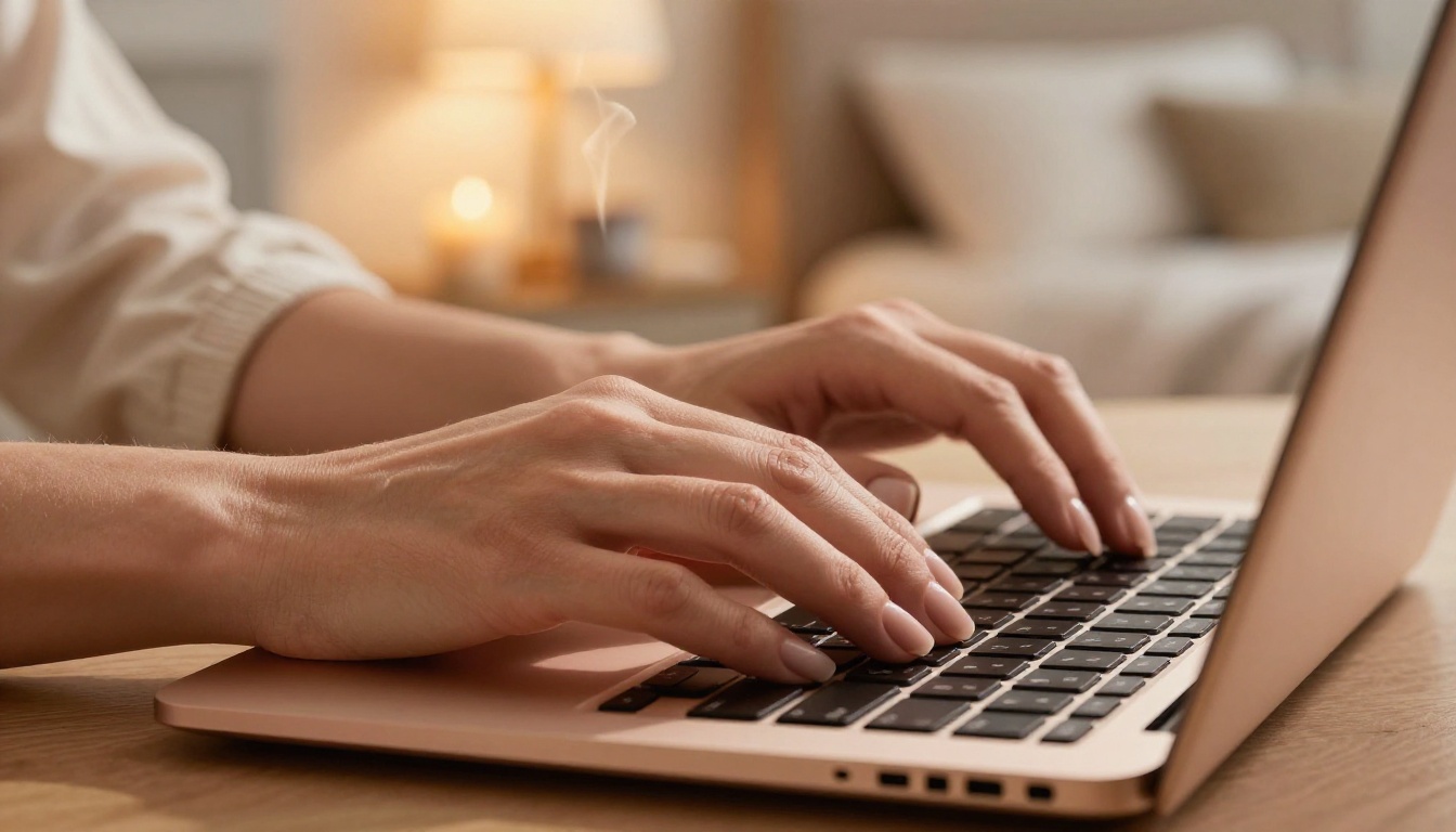 Close-up of hands typing on laptop keyboard in cozy bedroom light