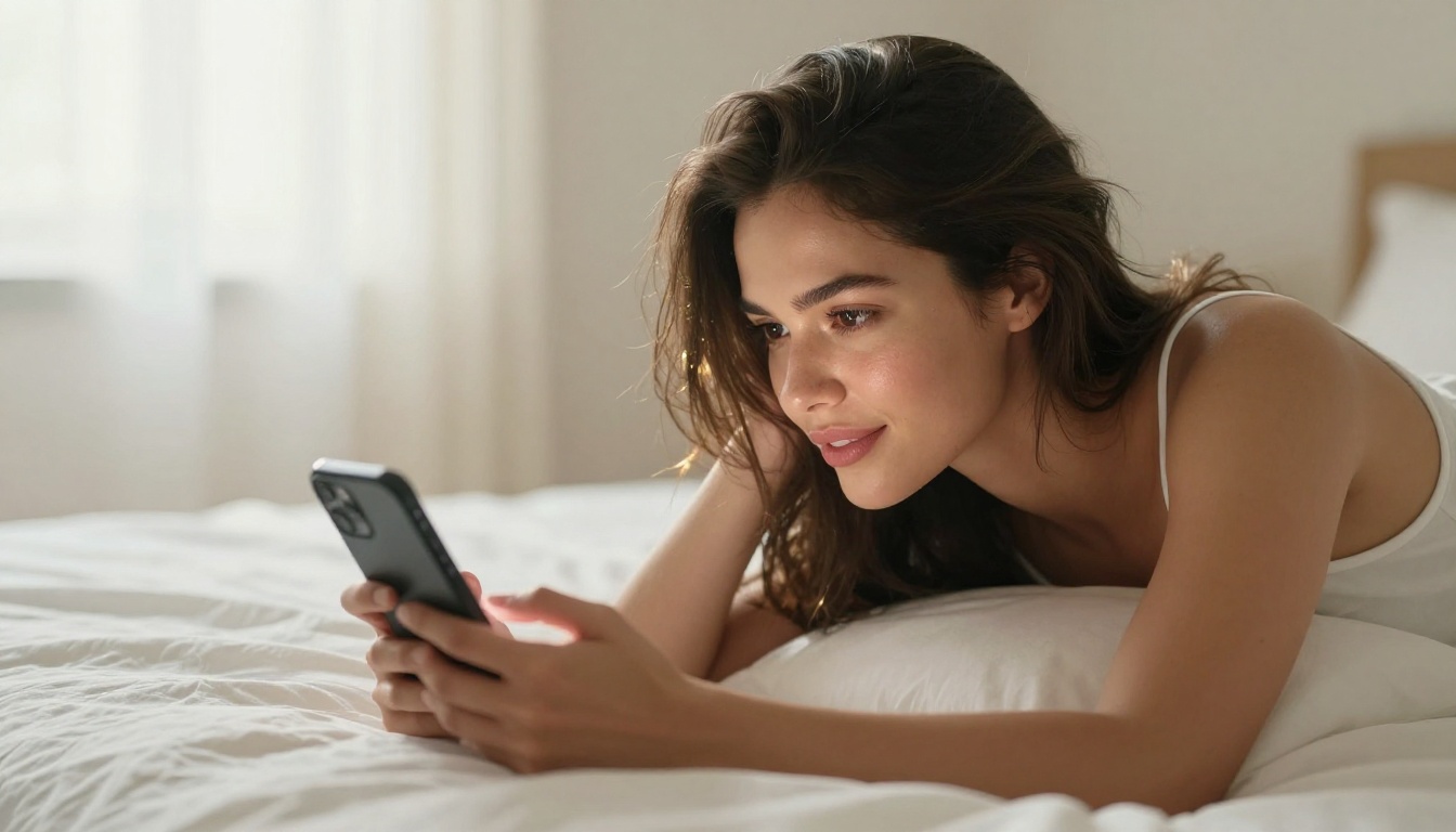 Confident woman lying on white linen bed scrolling phone, warm morning light